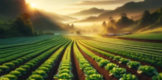 Biolebensmittel: Ein malerisches und ruhiges Bild einer üppigen Gemüsefarm bei Sonnenaufgang. Das Feld ist in ordentlichen Reihen angeordnet, mit einer frischen, gesunden Ernte von grünem Blattgemüse